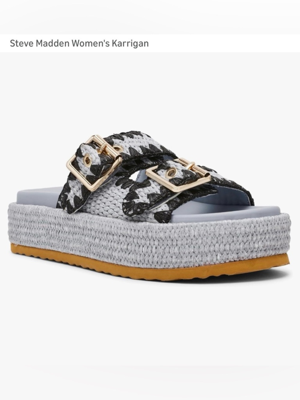 Steve Madden Karrigan Woven Black & Blue Platform Slide with Gold Buckles